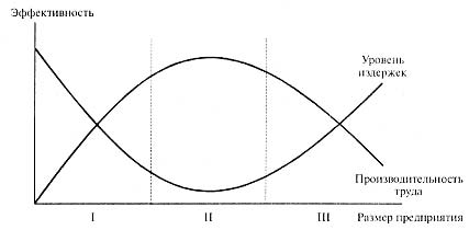 Рисунок 1. Изменение эффективности предприятия в зависимости от его размера (I-III -- различные фазы деятельности предприятия)